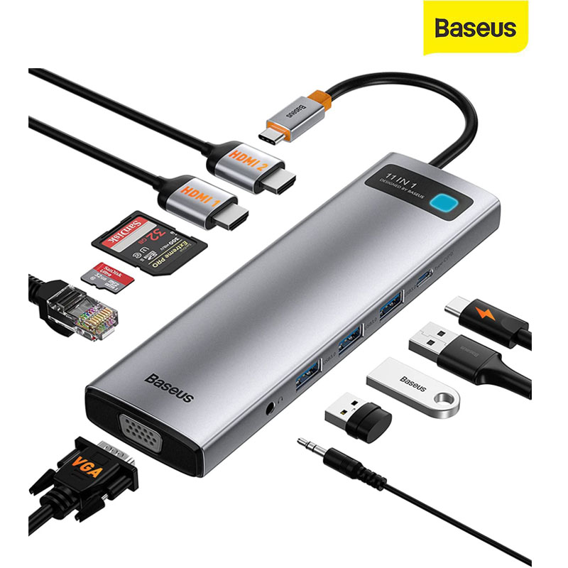 Adaptador BASEUS USB-C HUB 11en1 HDMI VGA 4K RJ45 USB 3.0 Lector