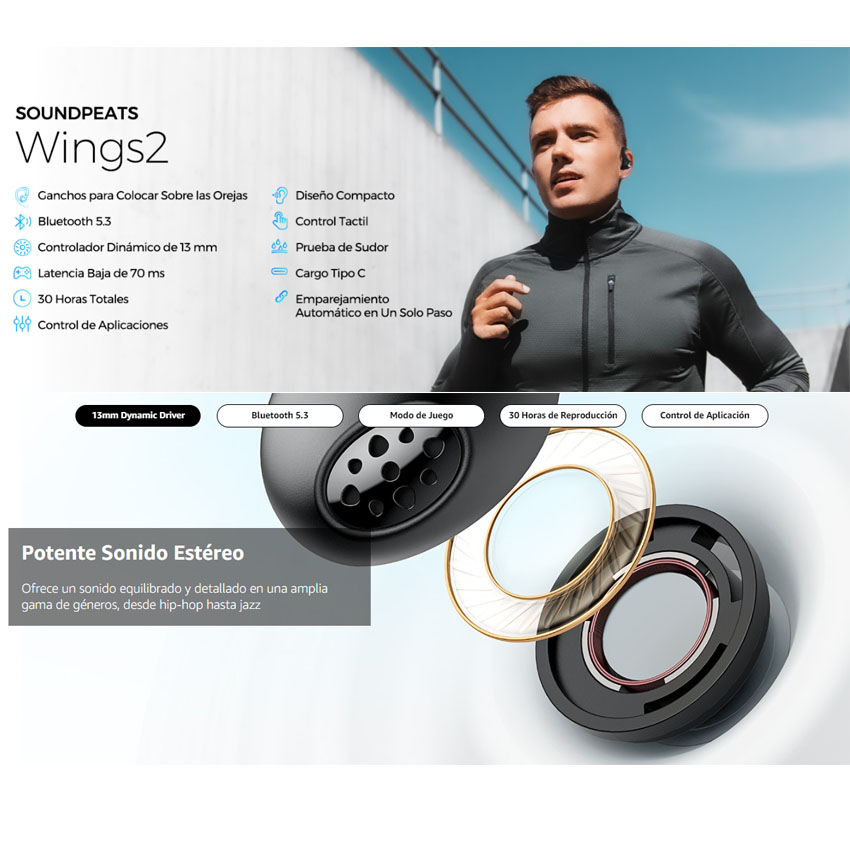 Audifonos SoundPEATS Wings 2 IPX4 Bluetooth 5.3 